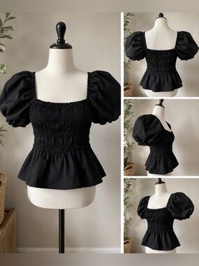 Karl Lagerfeld Black Puff Sleeve Smocked Blouse